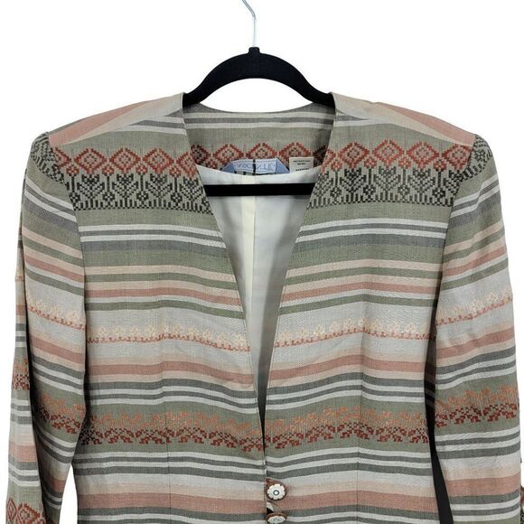 Vintage Southwestern Blazer M Sage Rust Linen Embroidered 2 Button Duster USA - Picture 6 of 17